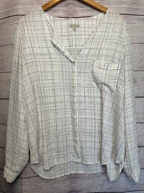 Calvin Klein XL White Gray Windowpane Plaid Blouse Oversized Popover Minimalist